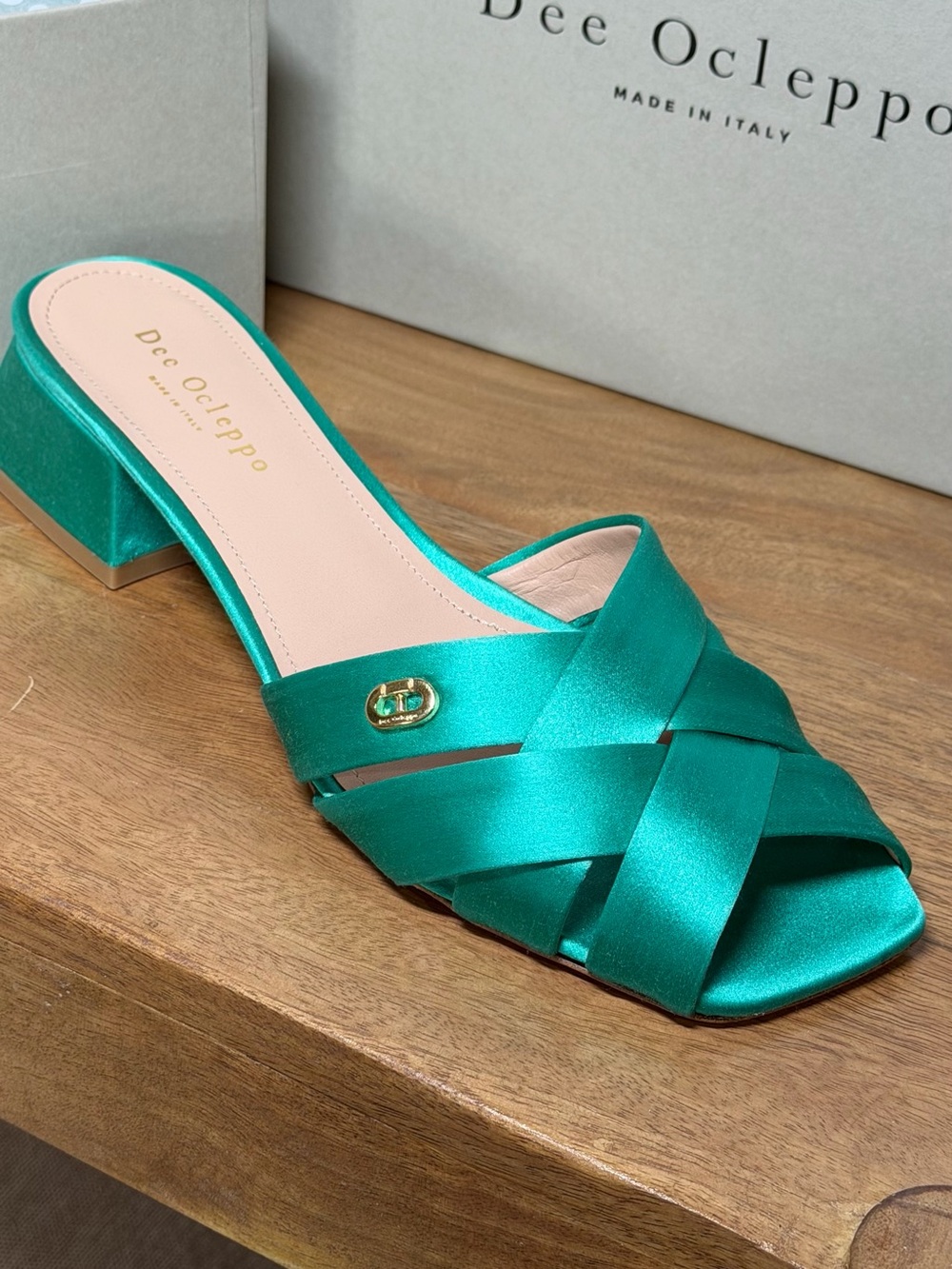Dee Ocleppo Emerald Satin Crisscross Low Block Heel Mule